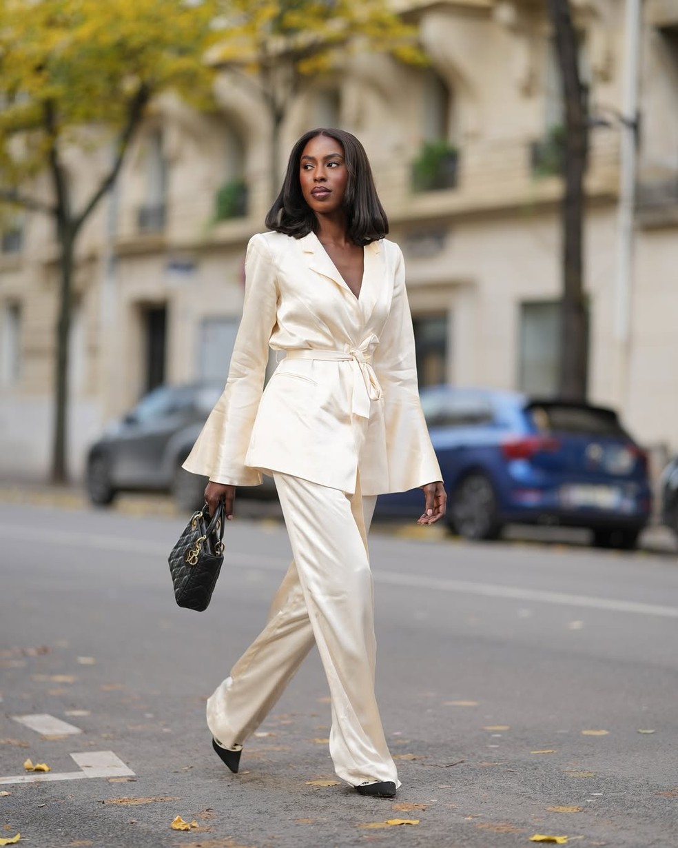 Cream Satin Suit with Bell Sleeves: Elegant Spring Ensemble — Winter to Spring Transition Outfits