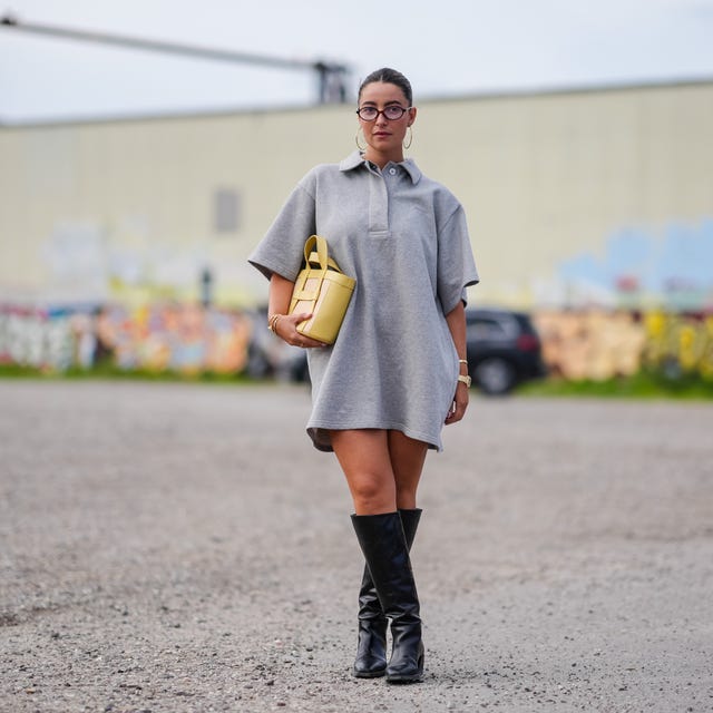 Casual Day Out with Oversized Polo Dress and Yellow Bag — Knee High Boots Outfits