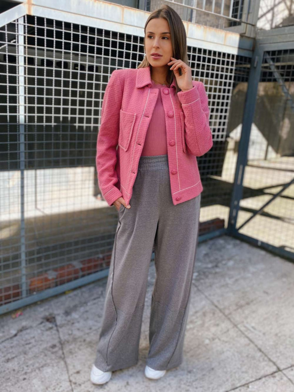 Pink Tweed Jacket with Wide-Leg Pants Pink Tweed Jacket with Wide-Leg Pants — Wool Coat Outfits