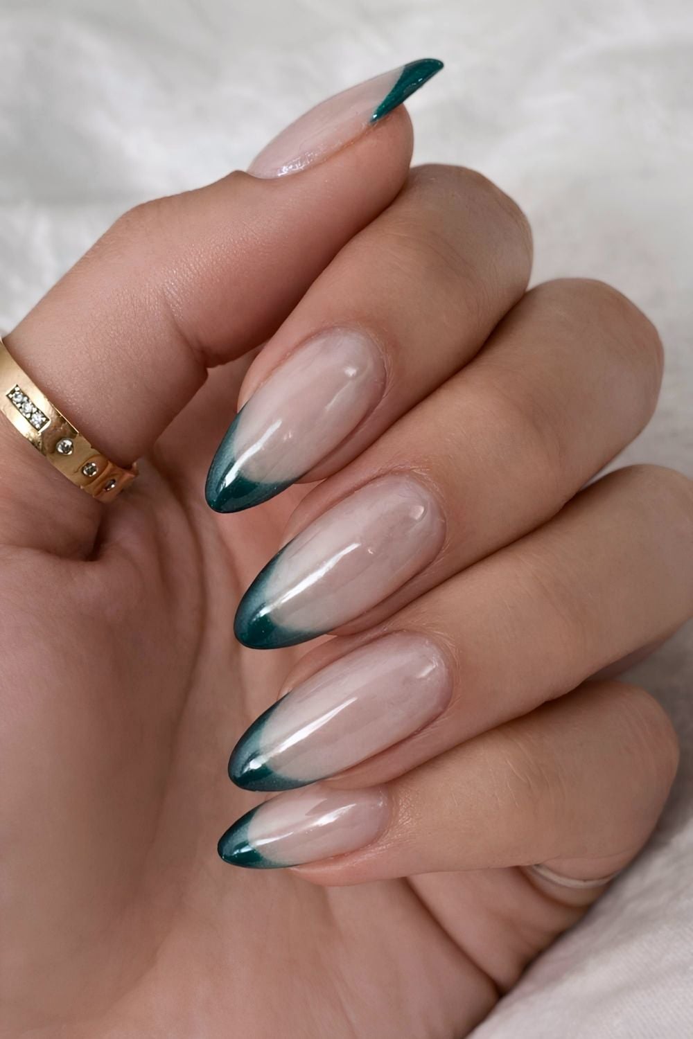 Sheer Nude with Deep Green French Tips Sheer Nude with Deep Green French Tips — Winter Green Nails