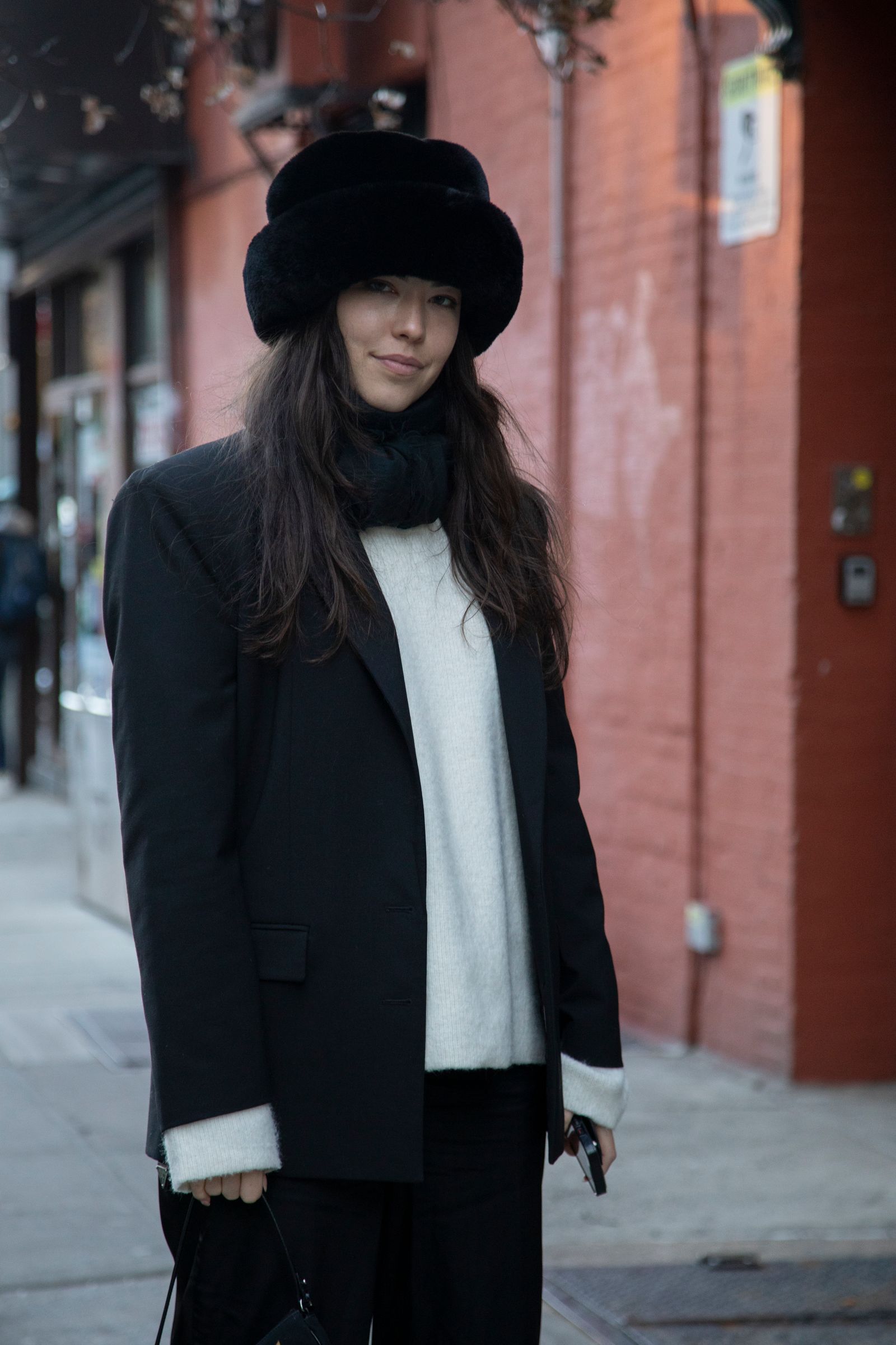 Black Fur Hat with Faux Fur Coat and Turtleneck — Fur Hat Outfits