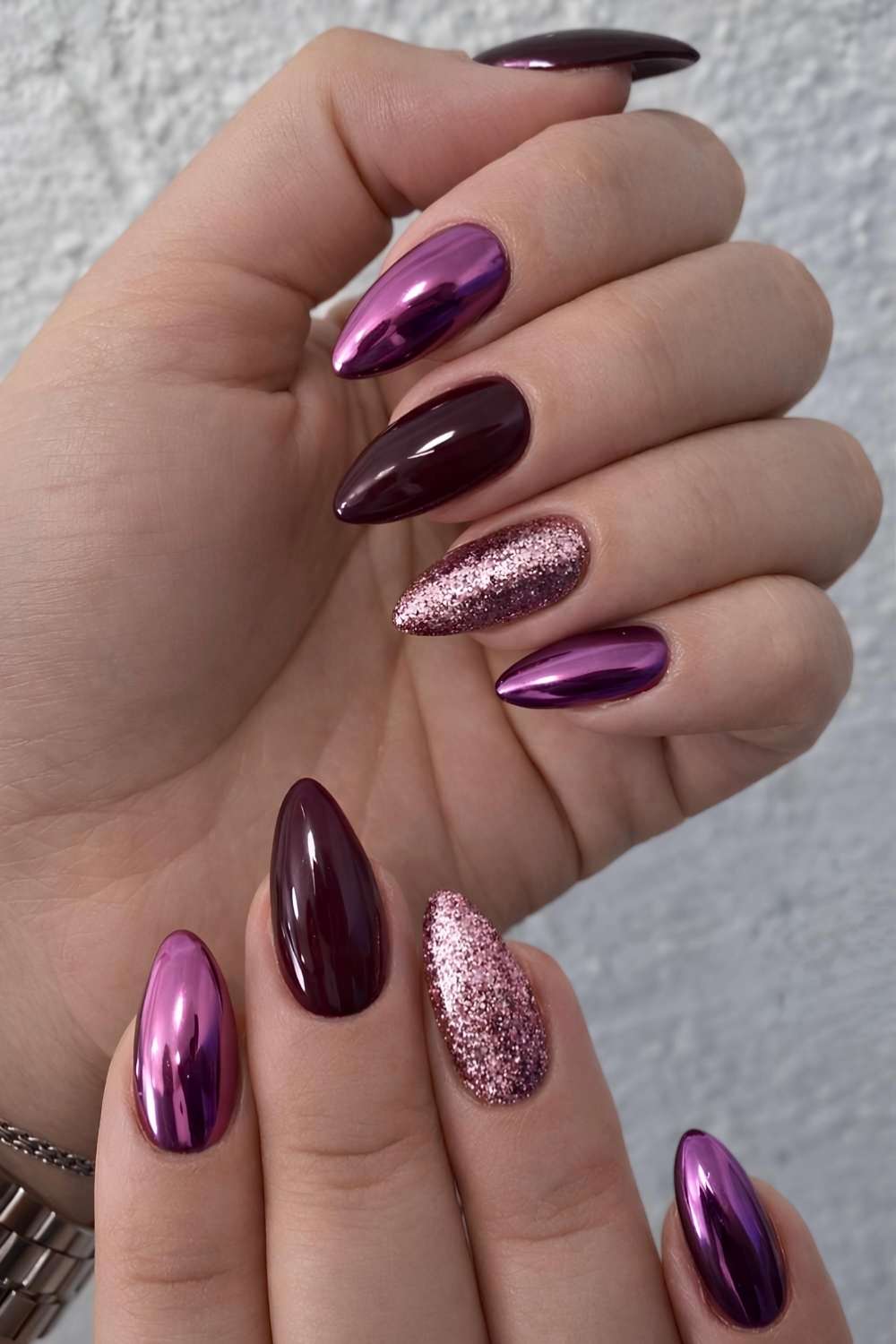 Burgundy and Purple Chrome Medium Almond Nails Burgundy and Purple Chrome Medium Almond Nails — Winter Nails