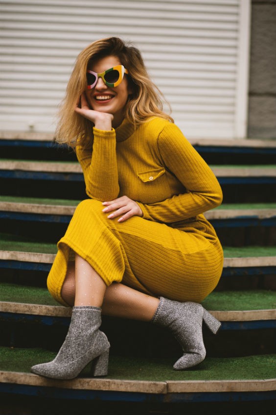 Cozy Autumn Vibes: Yellow Knit Dress with Grey Textured Boots — Ankle Boots Outfits