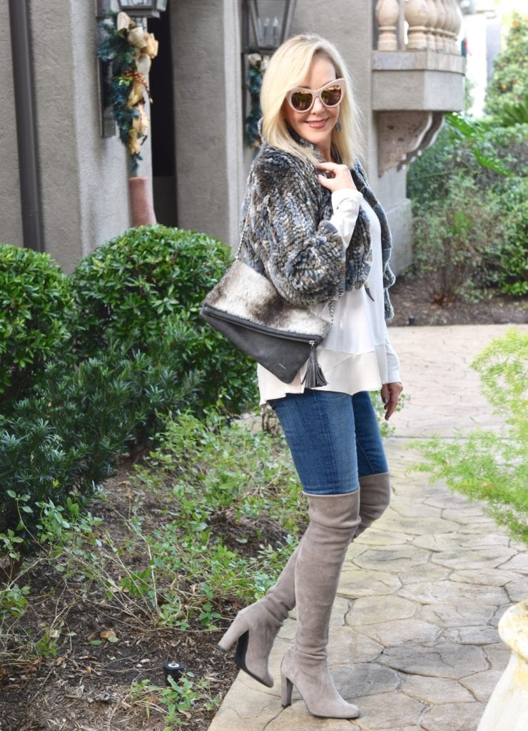 Black Over-the-Knee Boots with Denim Jeans and Patterned Jacket — Over the Knee Boots Outfits