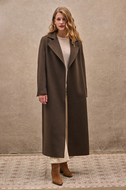 Minimalist Sophistication: Longline Brown Wool Blend Coat — Brown Coat Outfits