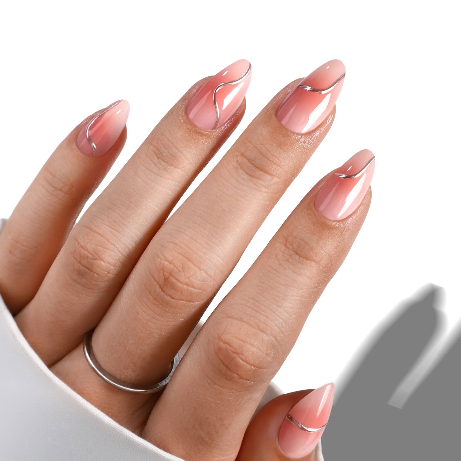Medium Almond Glossy Pink to White Gradient with Silver Lines Medium Almond Glossy Pink to White Gradient with Silver Lines — Winter Stiletto Nails