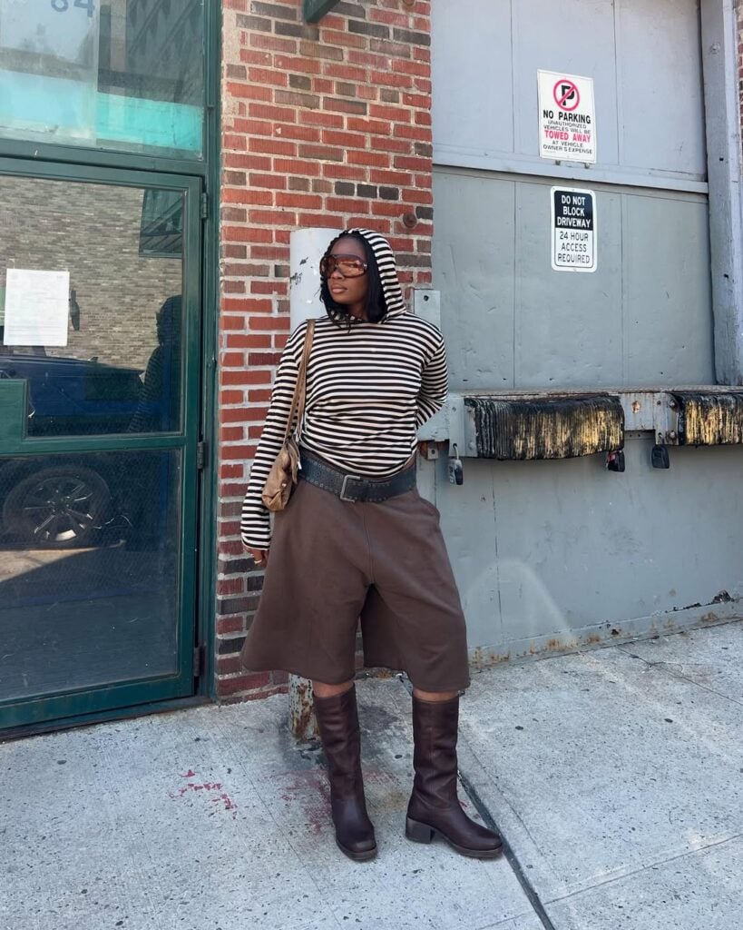 Casual Comfort with Brown Boots and Wide-Leg Shorts — Knee High Boots Outfits