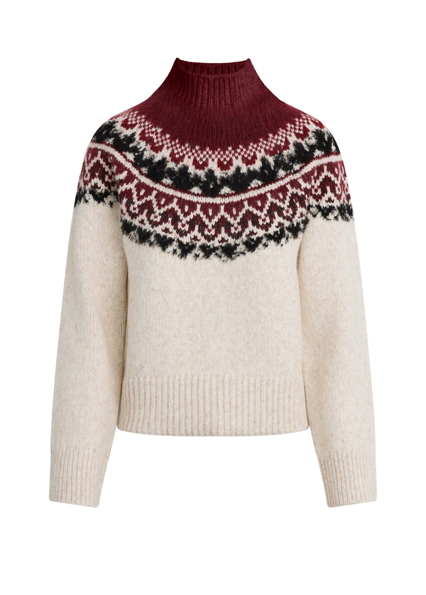 Cream Fair Isle Sweater with Burgundy Funnel Neck — Fair Isle Sweater Outfits