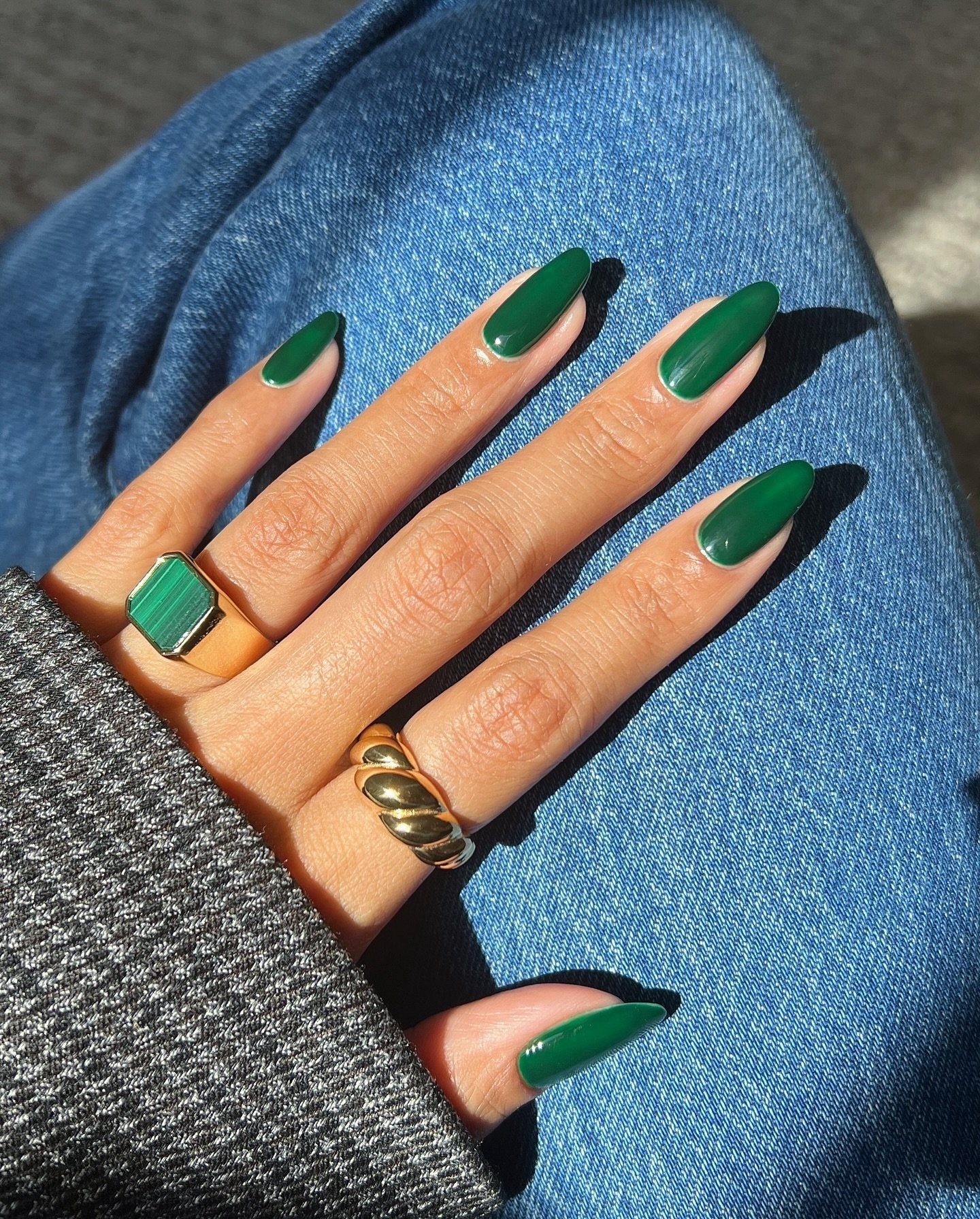Emerald Green Long Almond with Silver Line Emerald Green Long Almond with Silver Line — Winter Nail Colors for Women Over 70