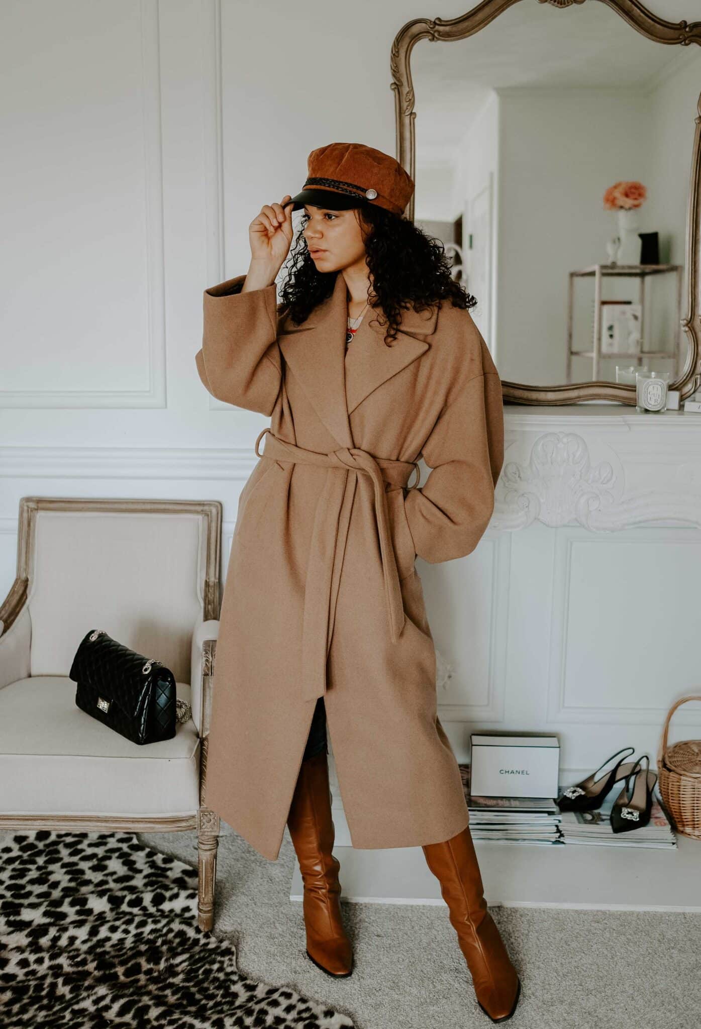 Casual Daytime: Camel Wrap Coat with Red Top and Leather Boots — Camel Coat Outfits