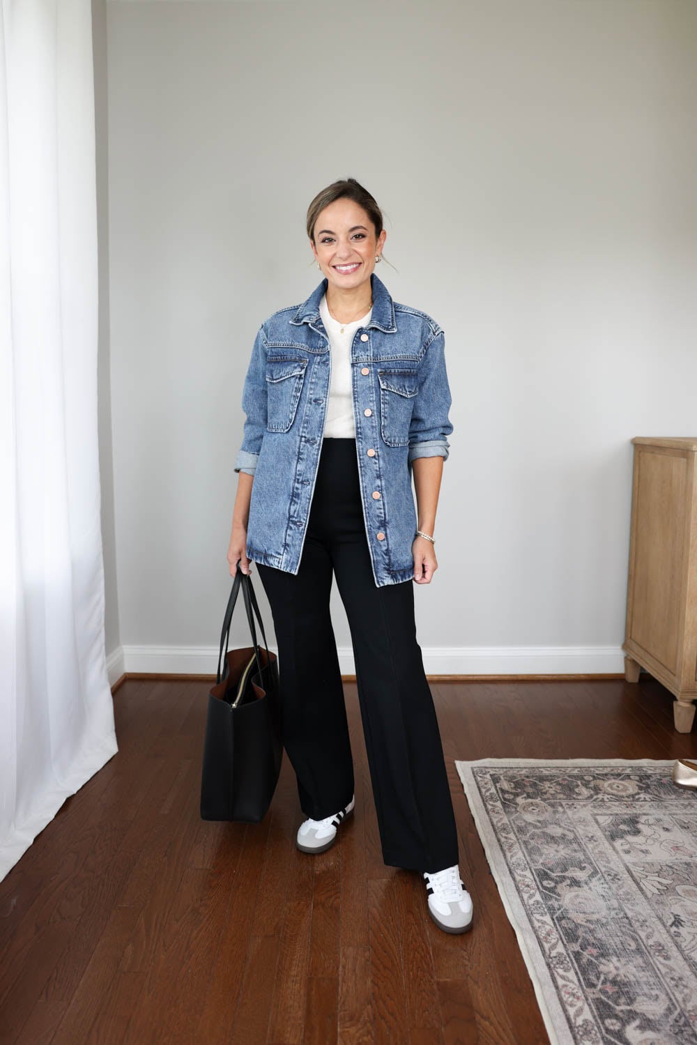 Casual Denim Jacket and Wide-Leg Pants Combination — Winter Teacher Outfits