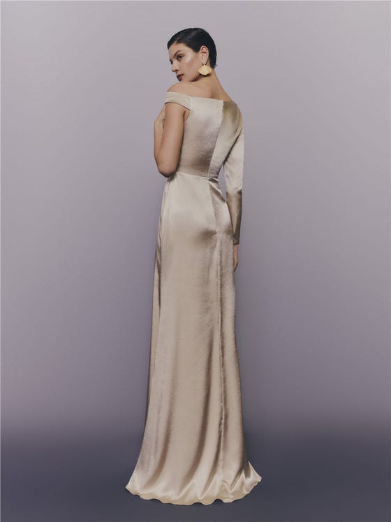 Elegant Champagne Satin Gown for a Formal Birthday Soirée — Winter Birthday Outfits