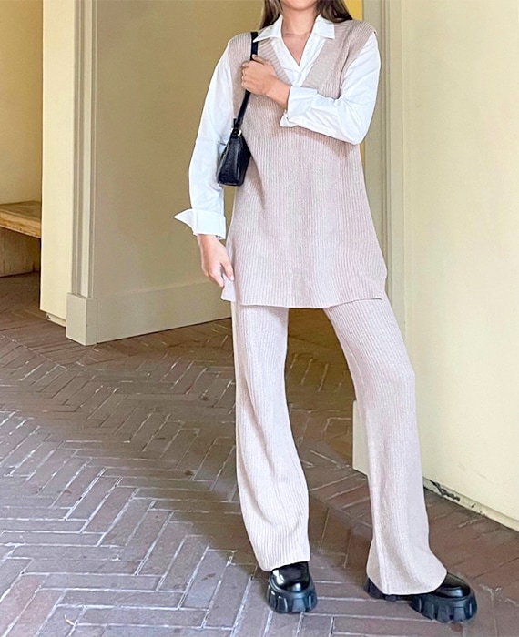 Layered Beige Knit Vest Set with Loafers — Knit Set Outfits