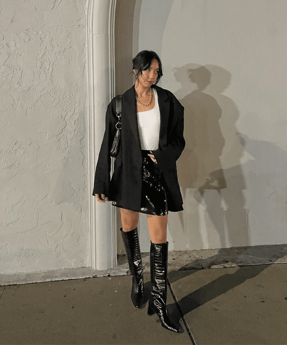 Chic Black Blazer Over Sequin Mini Skirt and Knee-High Boots — Winter Party Outfits