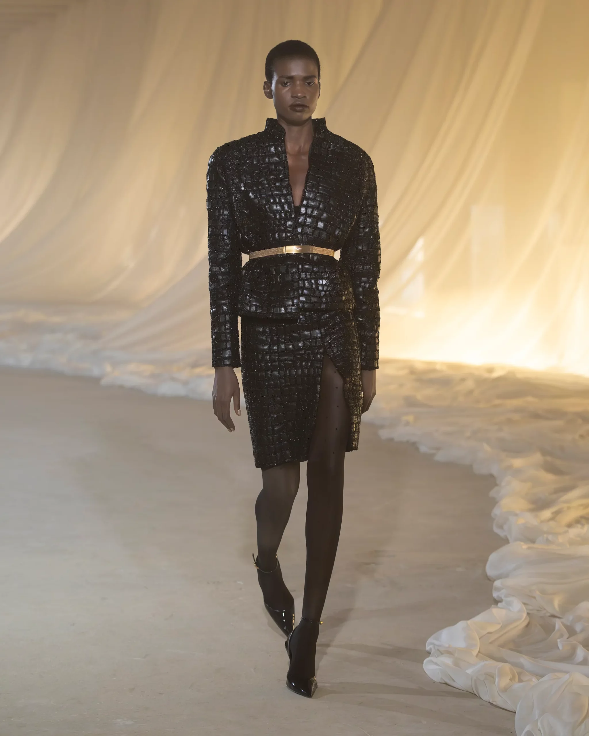 Textured Black Blazer with Gold Accents for Evening Sophistication — Fall to Winter Outfits