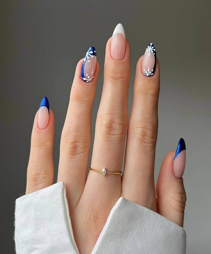 Blue French Tips With Snowflake Art — Winter Blue Nails