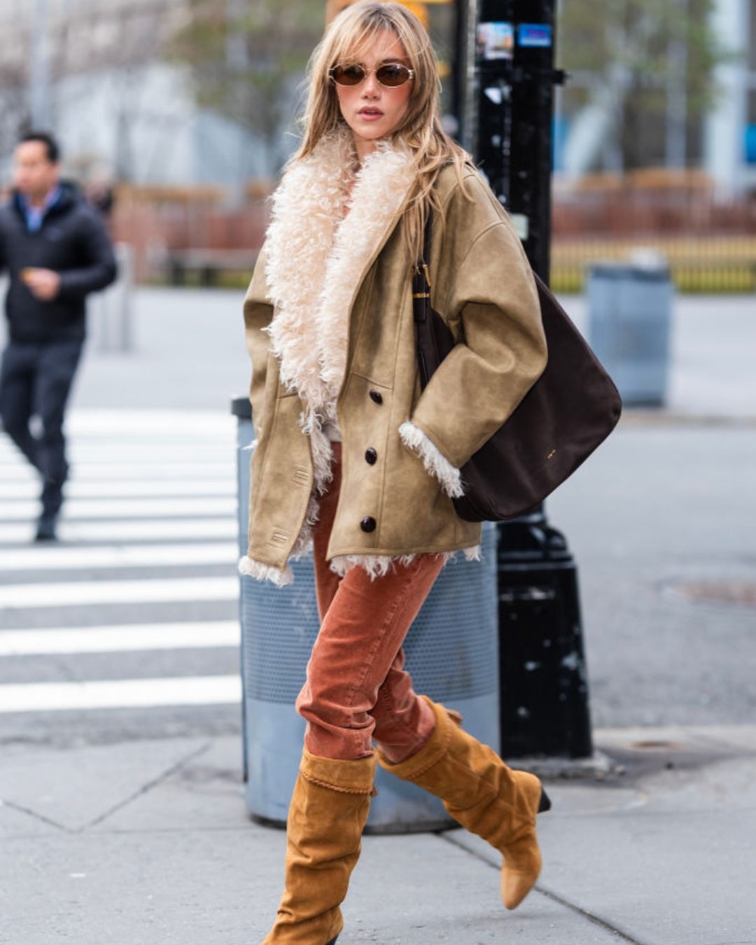Shearling-Lined Jacket with Corduroy Trousers — Boho Winter Outfits