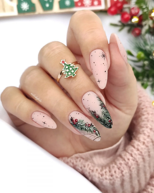 Matte Pink with Pine Branch Art Almond Nails Matte Pink with Pine Branch Art Almond Nails — Winter Almond Nails