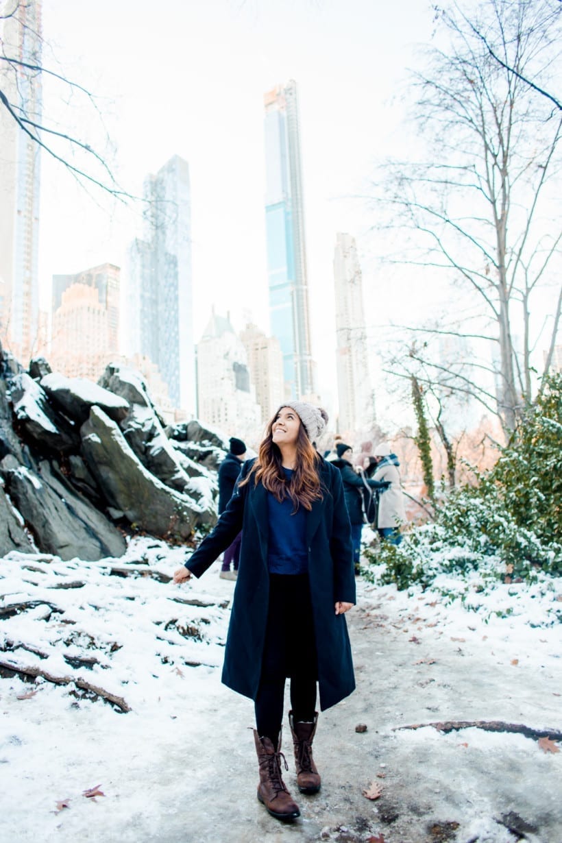 Classic Navy Long Coat with Beanie and Lace-Up Boots — NYC Winter Outfits