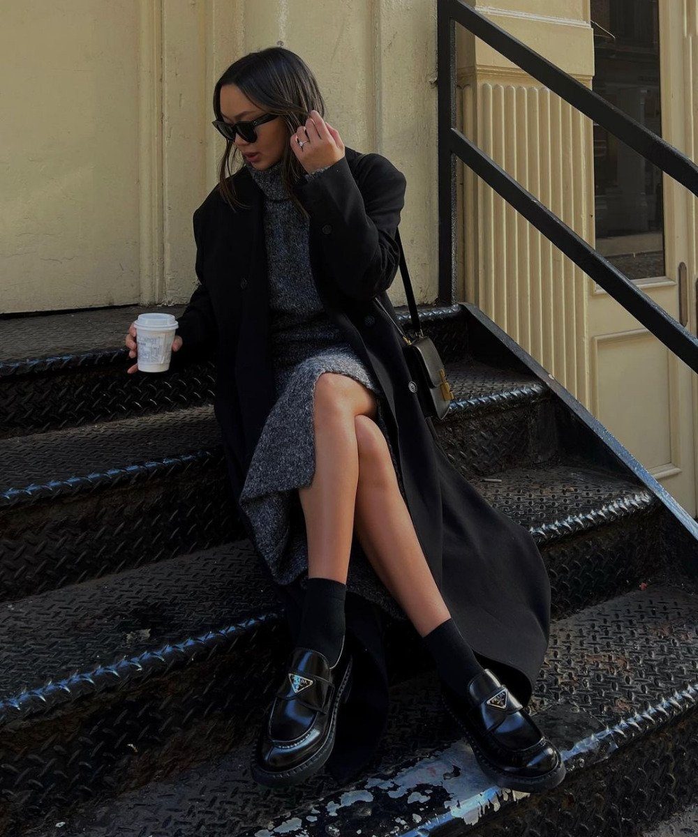 Urban Chic: Grey Knit Dress with a Long Black Coat — Winter Dress Outfits
