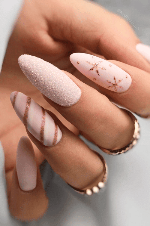 Matte Pink Sugar Swirl Rose Gold Nails — Long Winter Nails