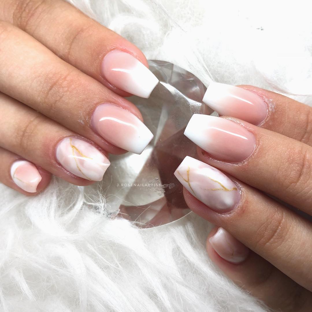 French Ombre Coffin Nails with Gold Foil — Winter Ombre Nails
