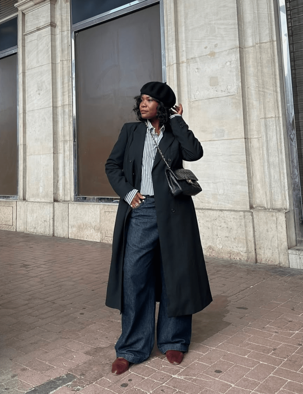 Black Wool Coat with Beret and Loafers — Long Coat Outfits