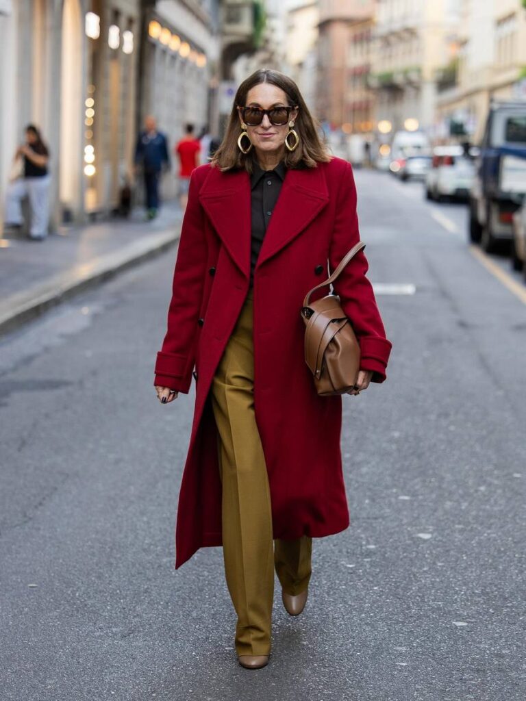 Bold Statement: Red Car Coat with Mustard Trousers — Car Coat Outfits