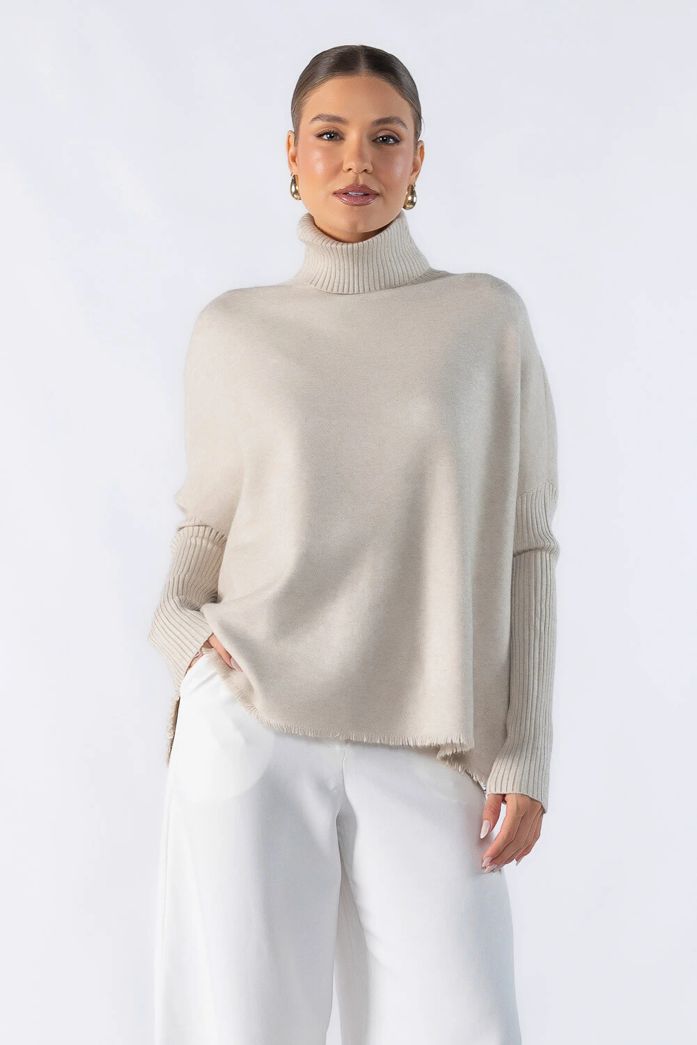 Oversized Cream Turtleneck with Wide-Leg Pants — Turtleneck Outfits