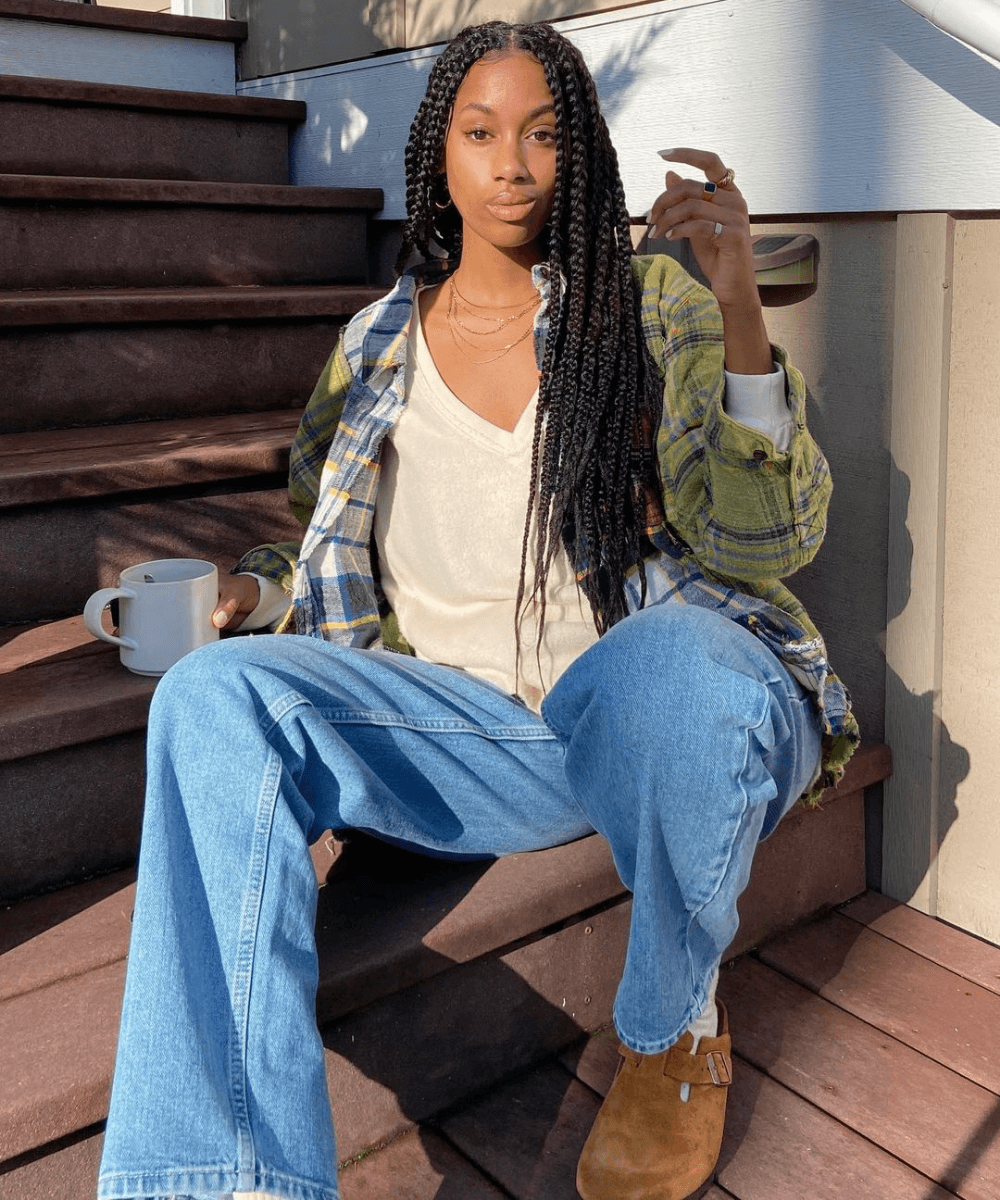 Plaid Flannel Shirt Jacket Over a Simple Top — Cabin Trip Outfits