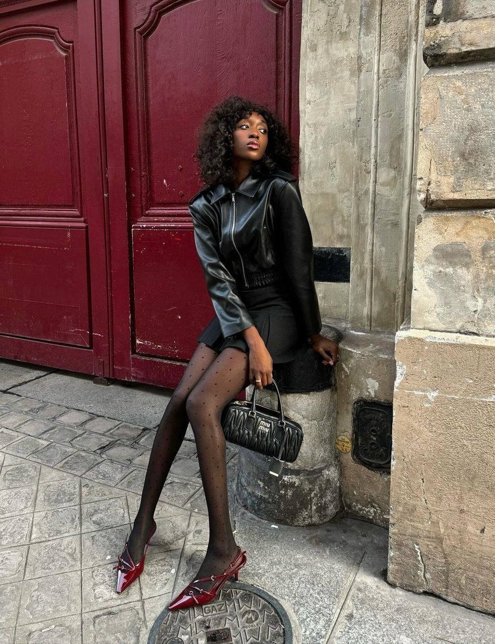 Black Polka Dot Sheer Tights with Leather Jacket and Mini Skirt — Tights Outfits