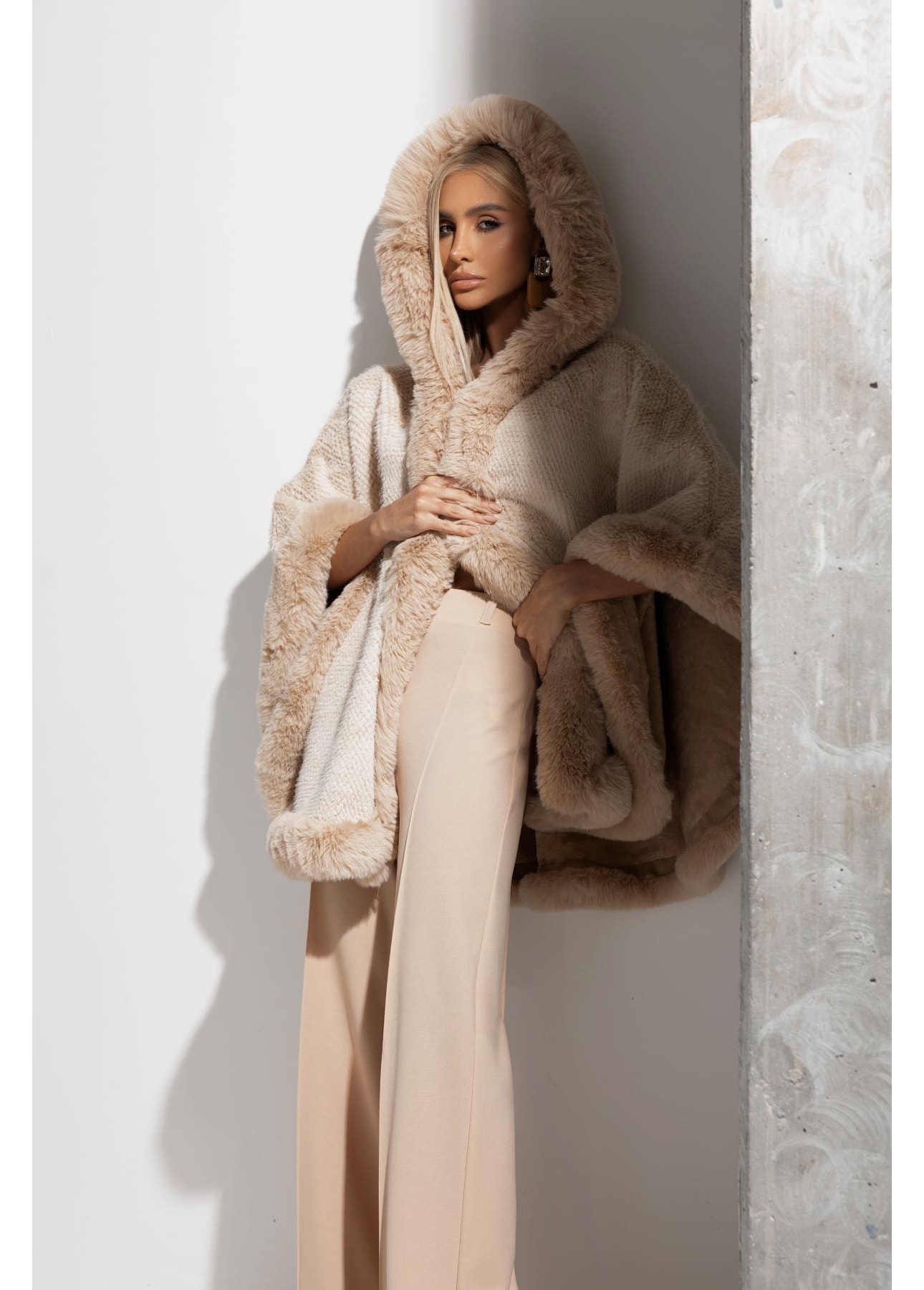 Cozy Knit Poncho with Hooded Shearling Trim — Shearling Coat Outfits