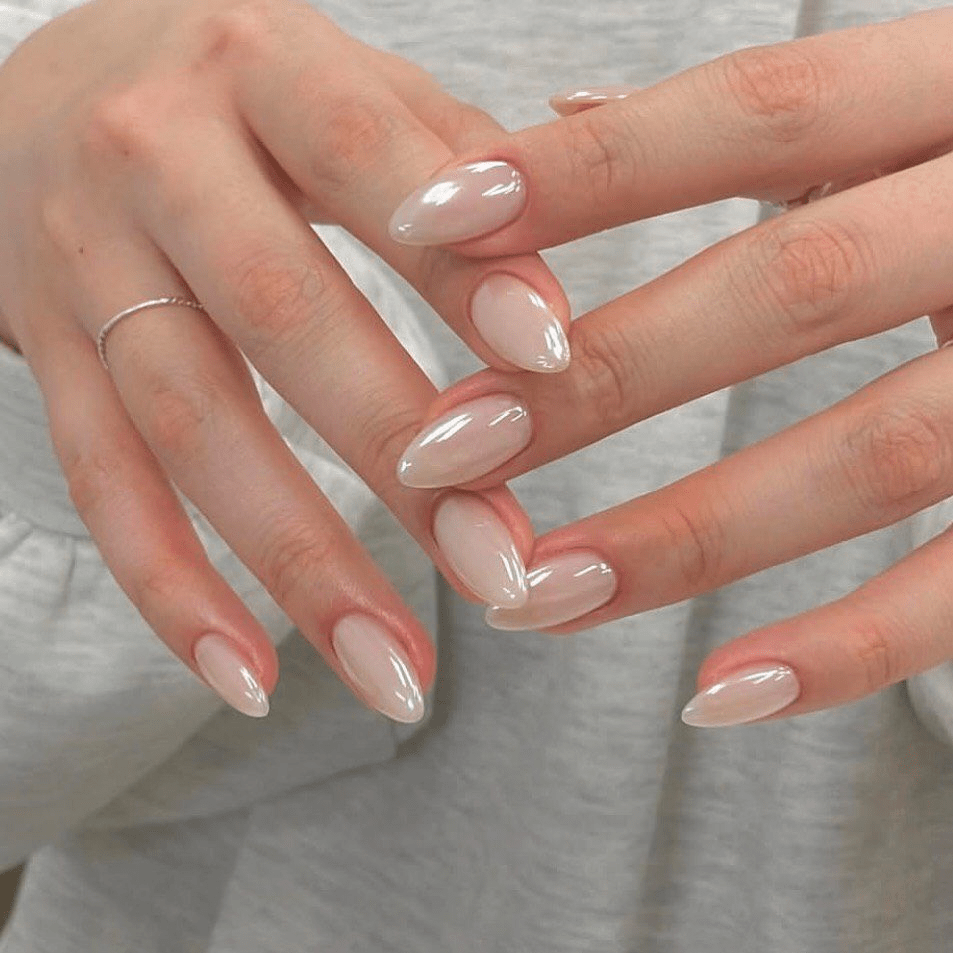Pearlescent Pale Pink Almond Nails Pearlescent Pale Pink Almond Nails — Natural Winter Nails