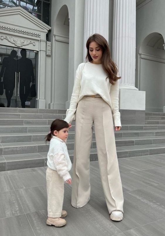 Neutral Comfort: Cream Knit Sweater and Wide-Leg Trousers — Winter Outfits for Moms