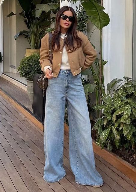 Brown Cropped Bomber Jacket with White Sweater and Wide Leg Jeans Brown Cropped Bomber Jacket with White Sweater and Wide Leg Jeans — Winter Outfits with Wide Leg Jeans