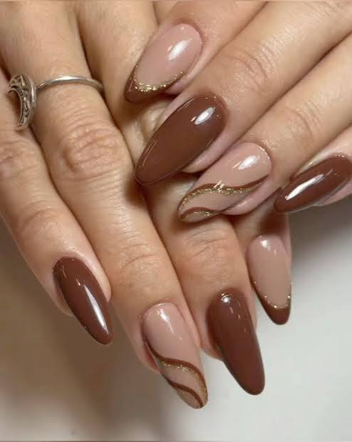 Brown and Nude Swirling Gold Foil Nails Brown and Nude Swirling Gold Foil Nails — Winter Nails