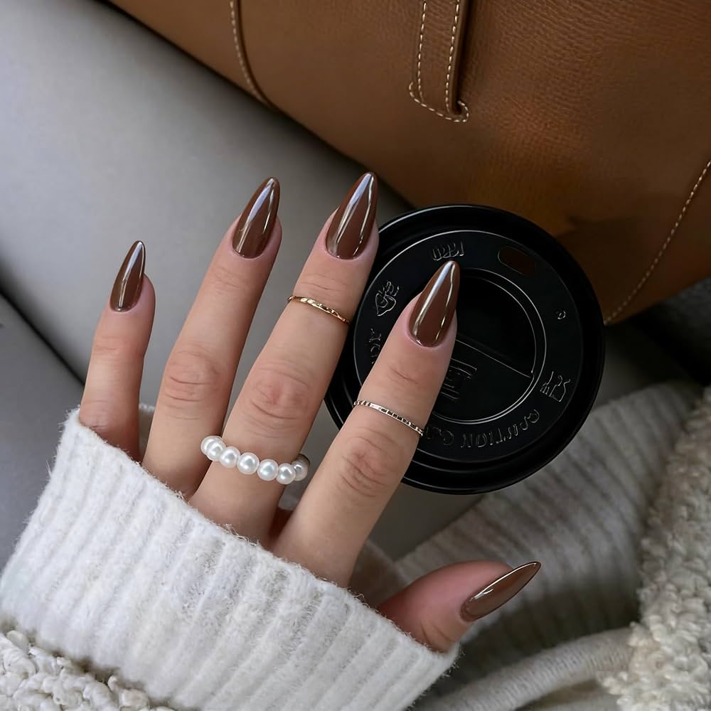 Chocolate Brown Glossy Stiletto — Medium Length Winter Nails