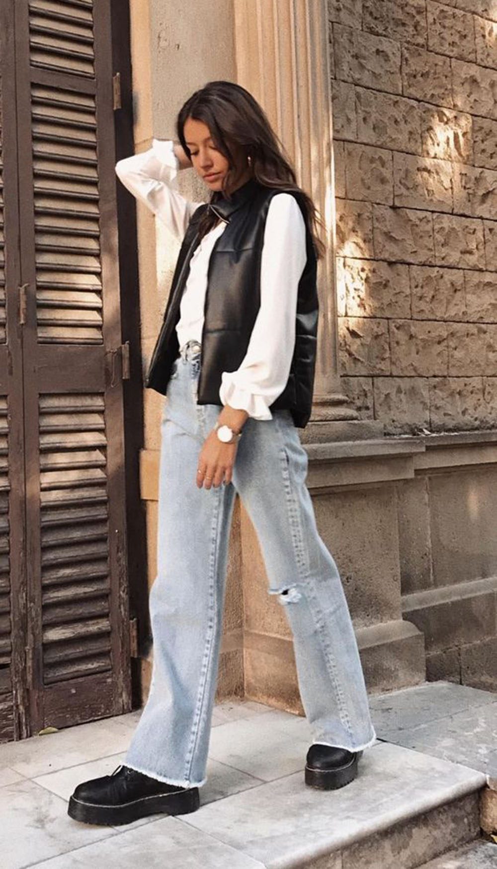 Black Platform Shoes Outfit Idea — Puffer Vest Outfits