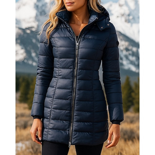 Navy Puffer Coat with Hood for Snowy Landscapes — Winter Hiking Outfits