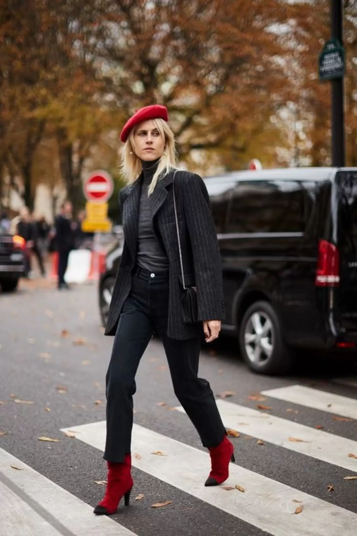 Pinstripe Blazer and Red Accents for a Polished Business Look — Winter Business Casual Outfits