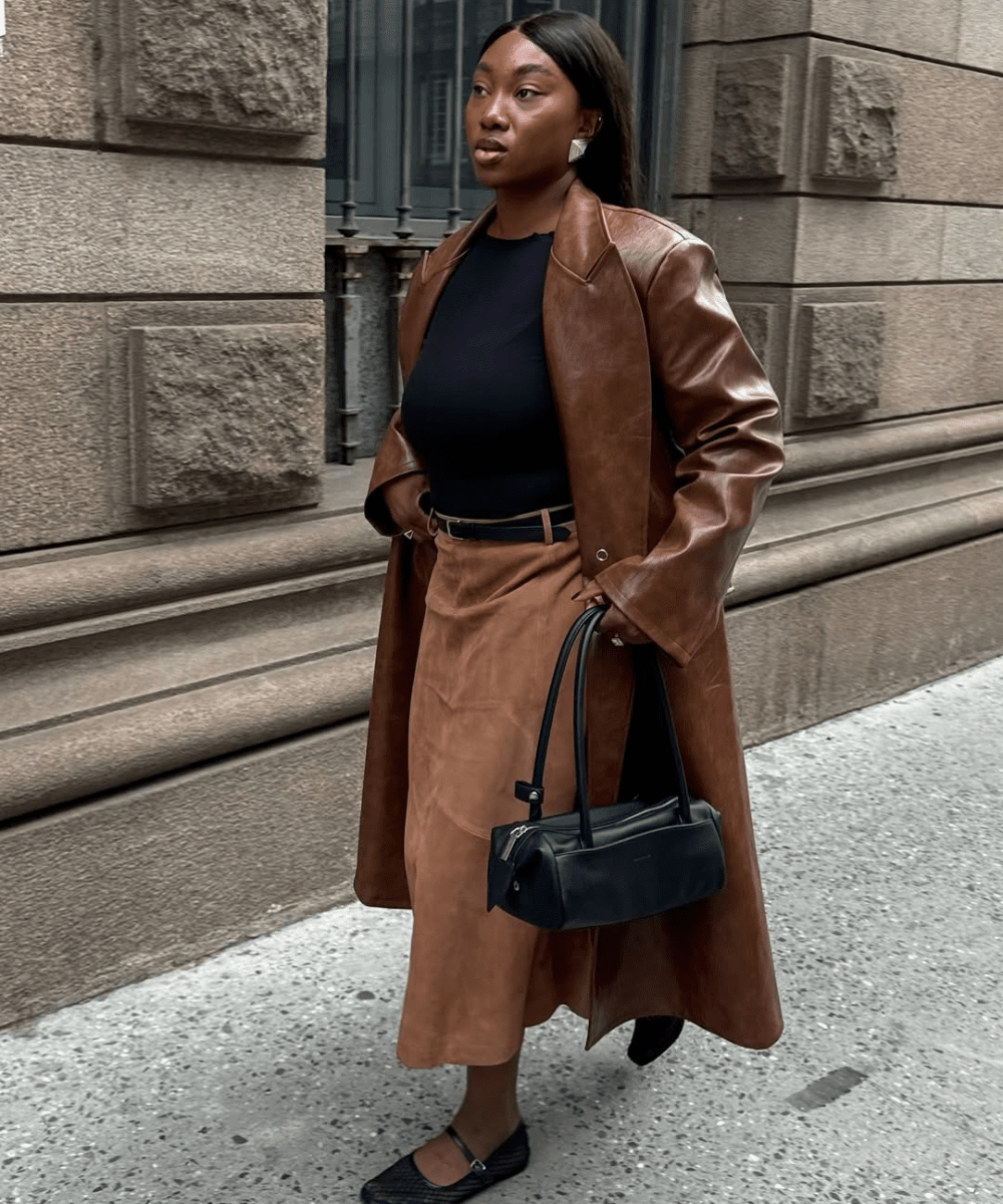 Textural Contrast: Long Brown Leather Coat with Suede Midi Skirt — Brown Coat Outfits
