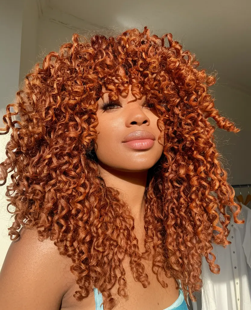 Warm Ginger Curls With Curtain Bangs Warm Ginger Curls With Curtain Bangs — Winter Hair Colors for Black Women