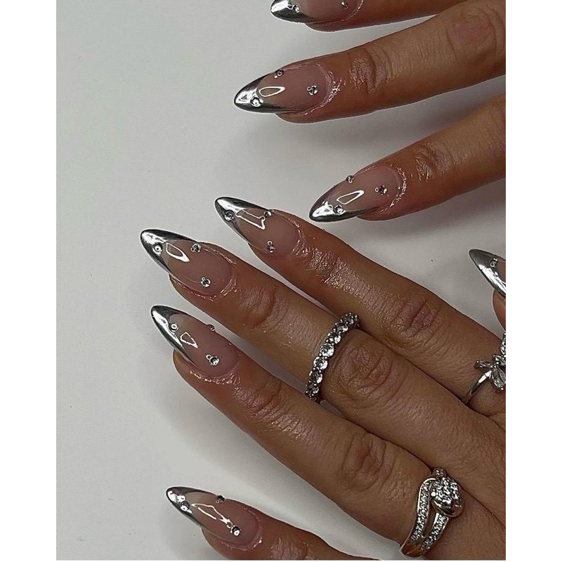 Rhinestones Scattered On Nails Silver Chrome Tips with Rhinestones — Silver Chrome Nails