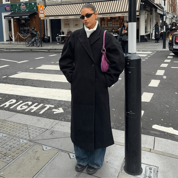 Black Long Coat White Turtleneck Outfit Idea — All Black Winter Outfits