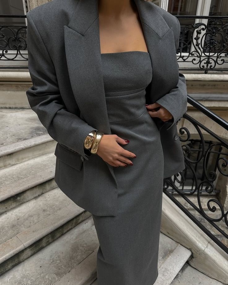Grey Strapless Dress with Oversized Blazer — Neutral Winter Outfits