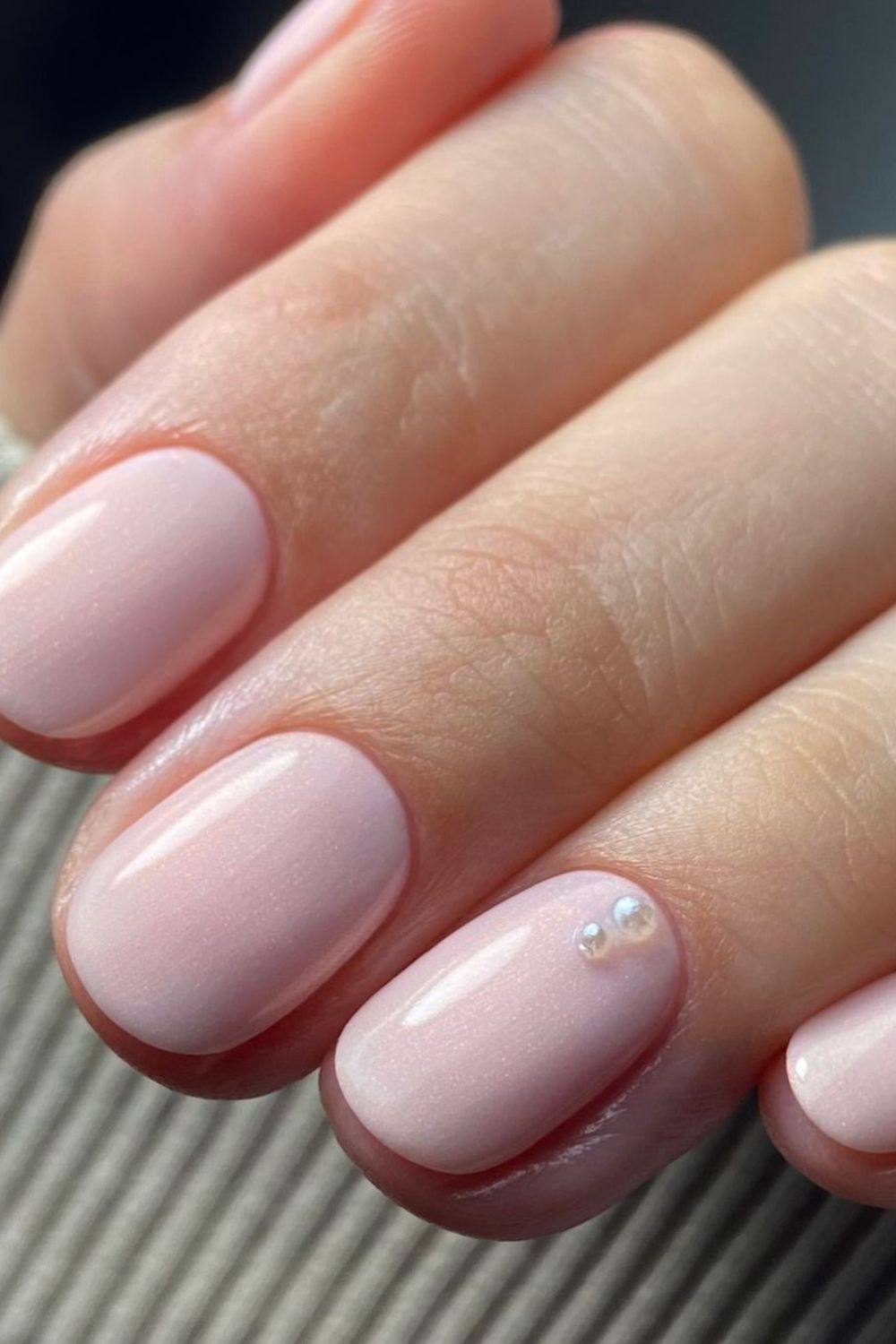 Pale Pink Shimmer with Pearl Accents — Short Winter Gel Nails