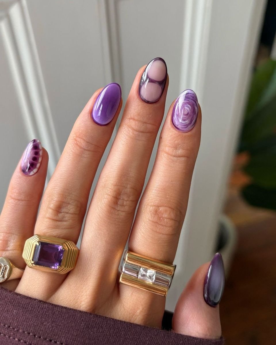 Abstract Purple Swirl Almond Nails Abstract Purple Swirl Almond Nails — Winter Dip Powder Nails