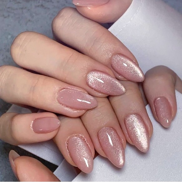Shimmering Rose Gold Almond Nails — Short Winter Almond Nails