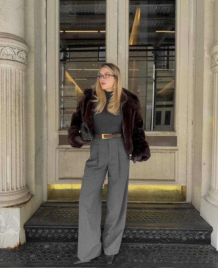 Luxurious Brown Faux Fur Jacket over Grey Knitwear Luxurious Brown Faux Fur Jacket over Grey Knitwear — Winter Dinner Outfits