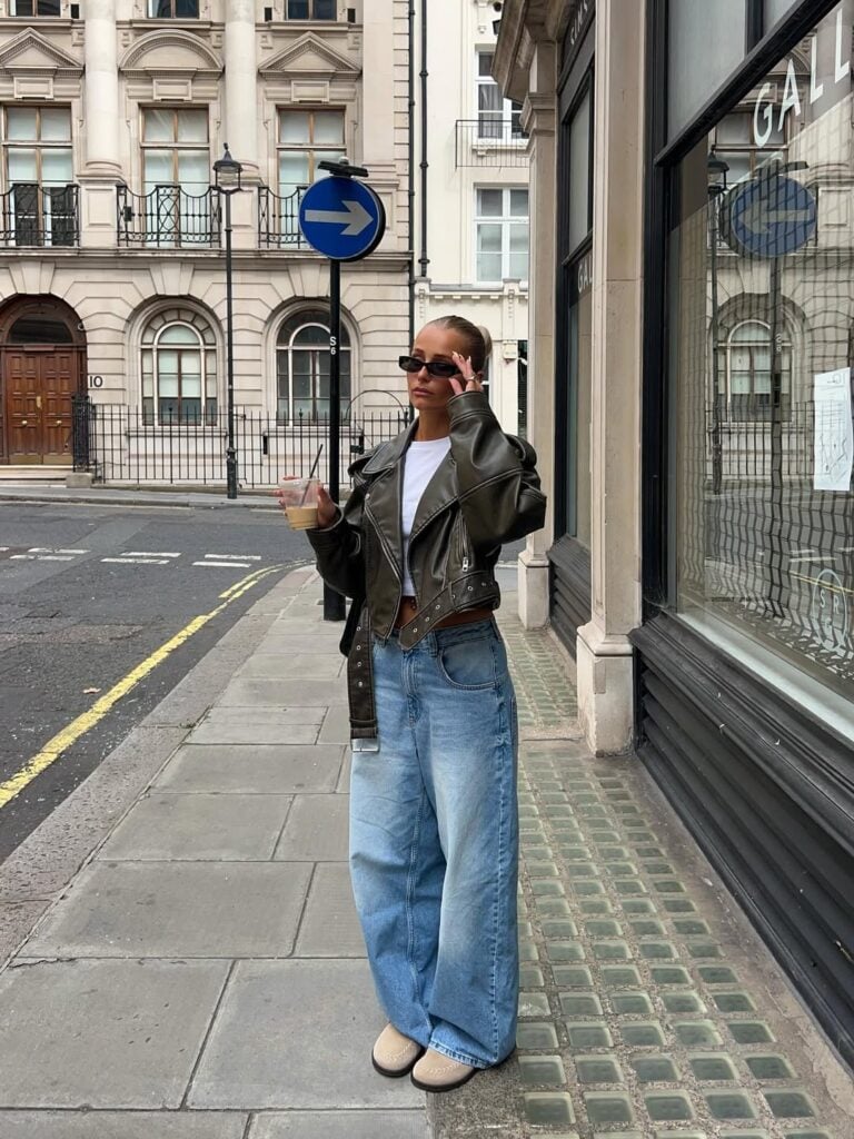 Wide-Leg Jeans and an Oversized Leather Jacket for a Casual Vibe — Winter Outfits with Jeans